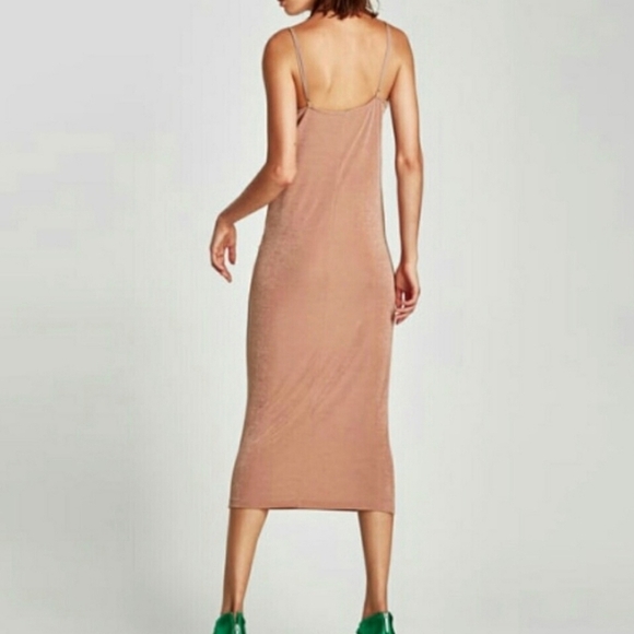 Zara Women's V-Neck Midi Slip Dress Adjustable Straps, Beige Color, SMALL - Picture 2 of 7